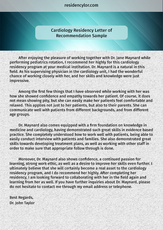 Letter Of Recommendation For Medical Residency Template