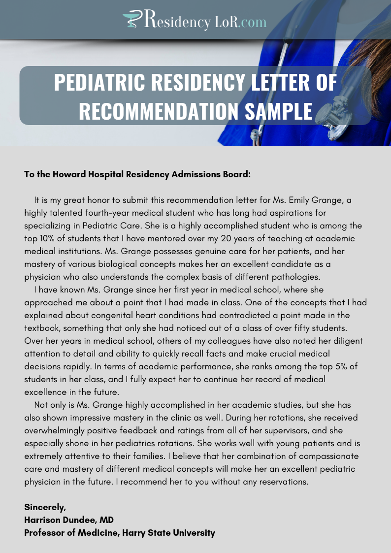 Best Pediatric Residency Letter Of Recommendation Sample