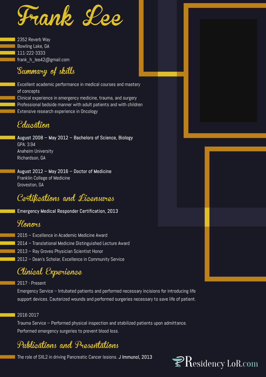 Professional Residency CV Writing Assistance